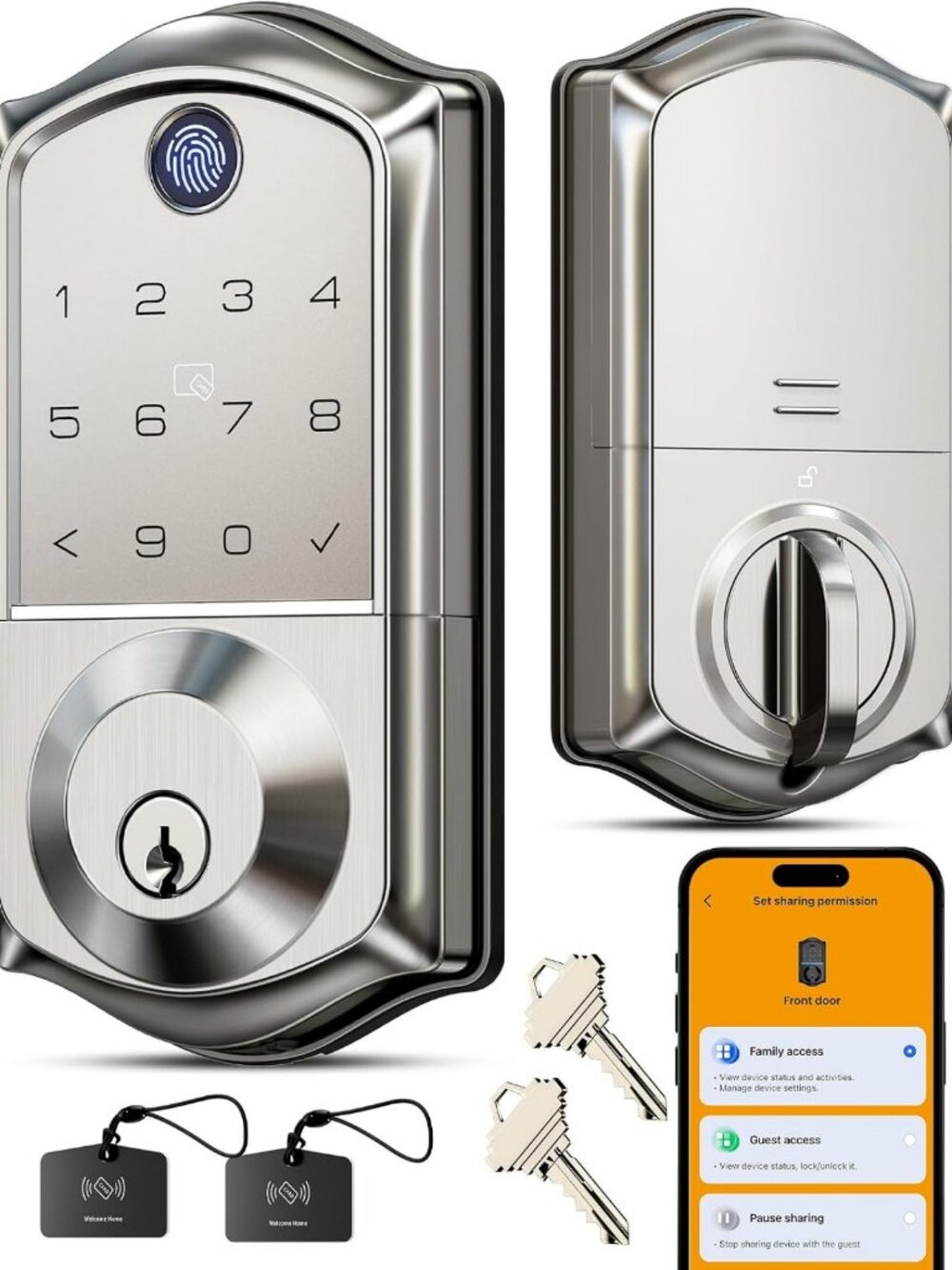 Smart Fingerprint Door Lock with App Control - Satin Nickel Finish, Keyless